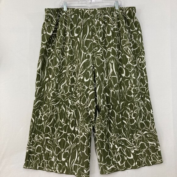Rafaella sz 3X Green White Abstract Pleated Textured Wide Leg Pull-on Crop Pants - Picture 8 of 9